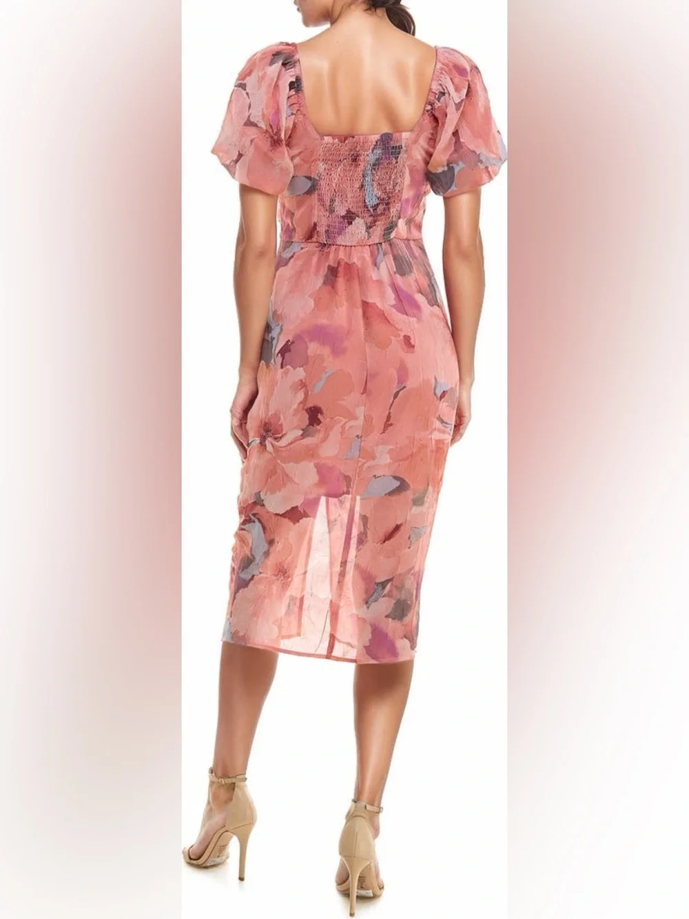 Socialite Pink Floral Ruched Puff Sleeve Midi Dress Size XS - Picture 2 of 8